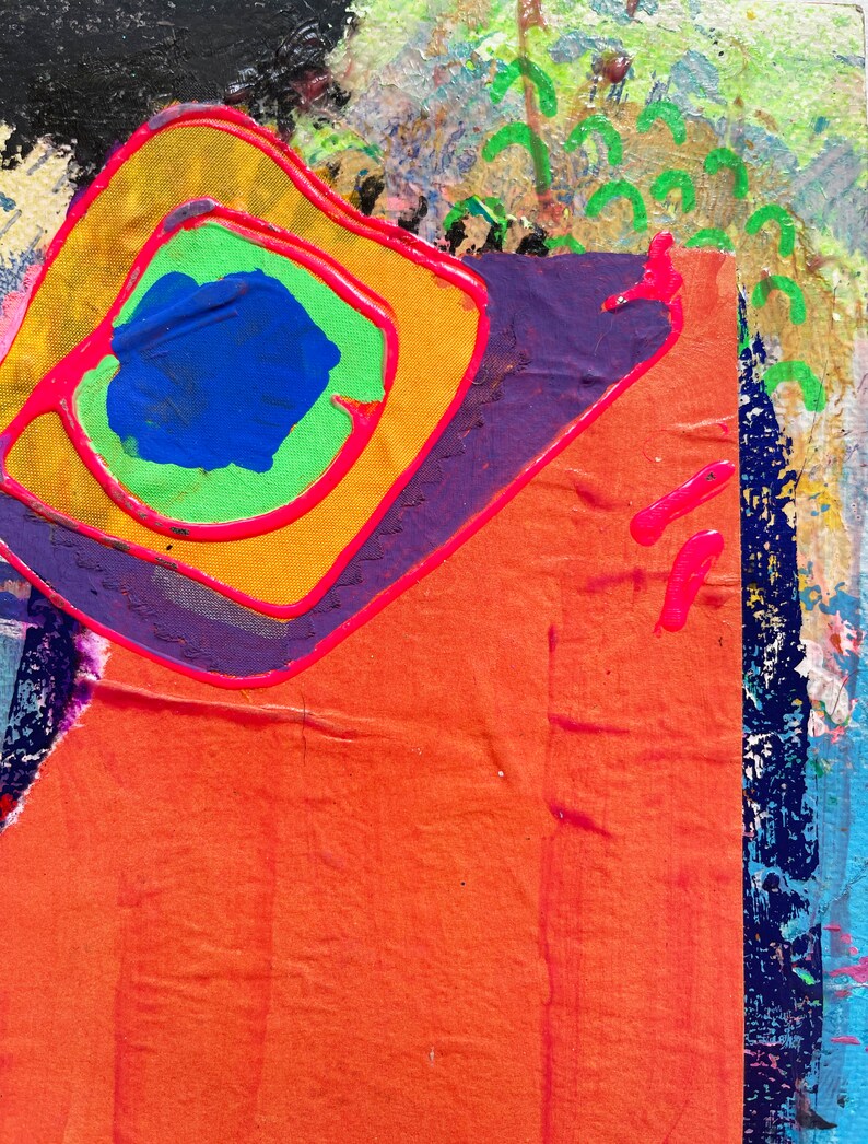 May include: Abstract painting with a bright orange background, a purple and yellow eye-like shape, and green and blue accents.
