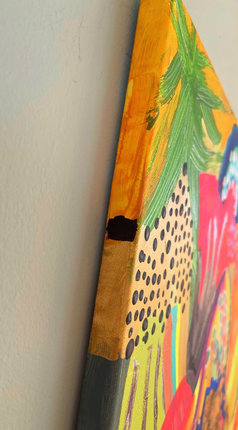 May include: A colorful abstract painting on canvas with a black, yellow, orange, green, and red color scheme. The painting features a variety of shapes and textures, including dots, lines, and swirls.