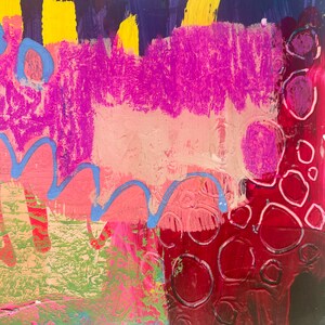 May include: An abstract painting featuring layered textures and bold colours including magenta, deep red, bright yellow, and light blue. The composition includes hand-painted circular outlines, wavy lines, and a top section with a white speckled pattern.
