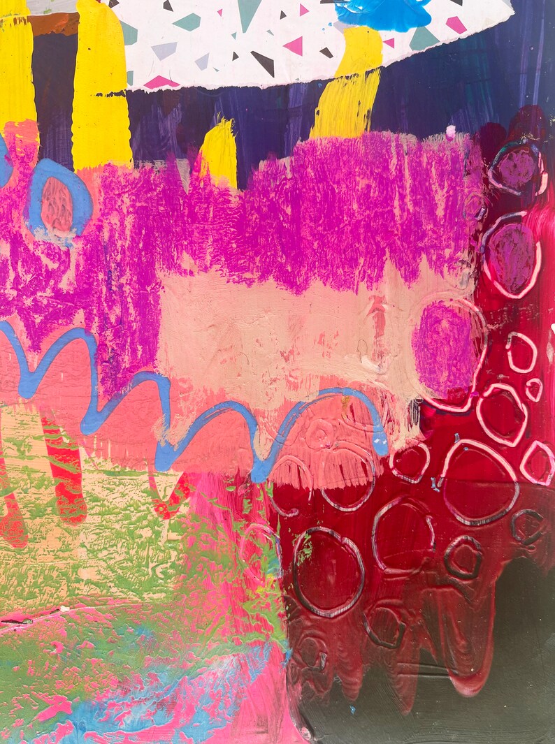 May include: An abstract painting featuring layered textures and bold colours including magenta, deep red, bright yellow, and light blue. The composition includes hand-painted circular outlines, wavy lines, and a top section with a white speckled pattern.
