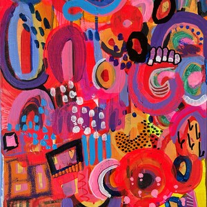 Puede incluir: Pintura abstracta con una mezcla vibrante de colores, incluyendo rojo, rosa, azul, amarillo, verde y negro. La pintura presenta una variedad de formas, incluyendo c&iacute;rculos, &oacute;valos y cuadrados, creando una composici&oacute;n din&aacute;mica y en&eacute;rgica.