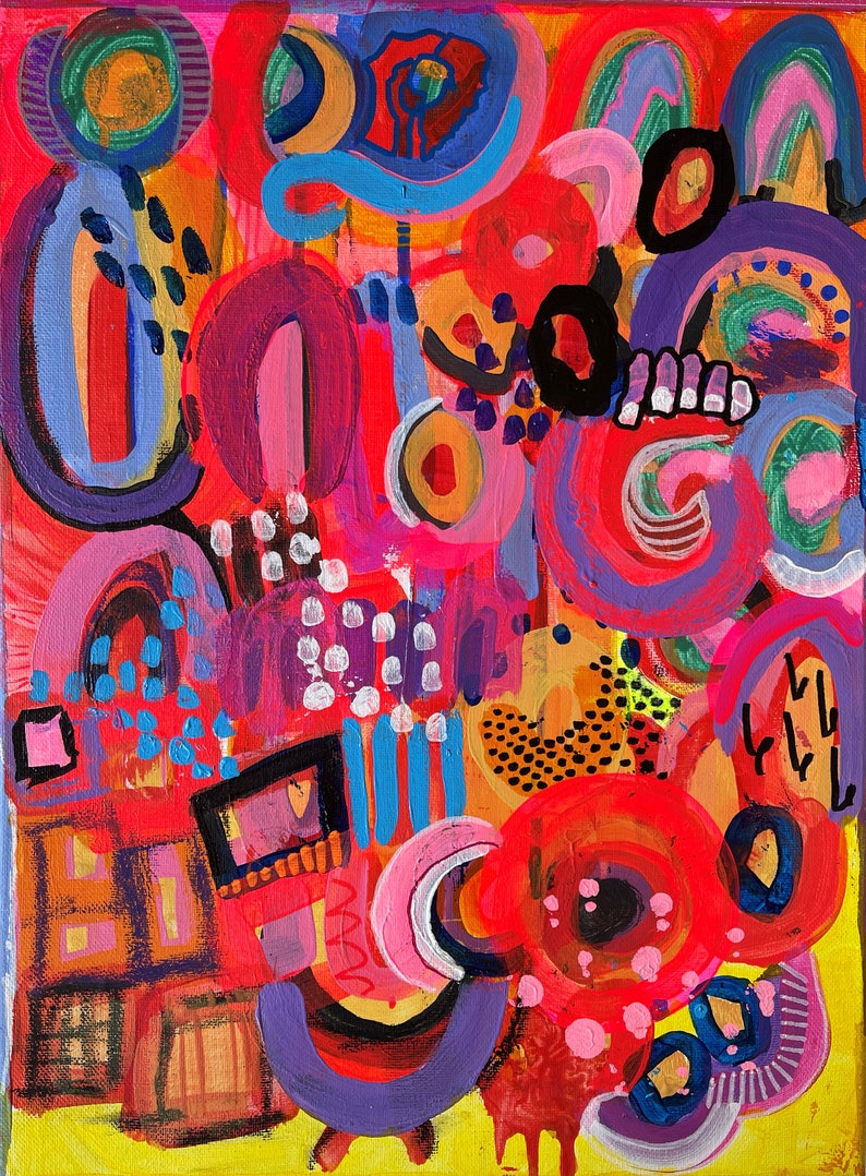 Puede incluir: Pintura abstracta con una mezcla vibrante de colores, incluyendo rojo, rosa, azul, amarillo, verde y negro. La pintura presenta una variedad de formas, incluyendo c&iacute;rculos, &oacute;valos y cuadrados, creando una composici&oacute;n din&aacute;mica y en&eacute;rgica.