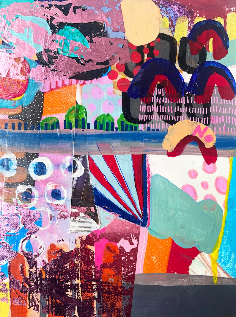 Puede incluir: Pintura abstracta con una mezcla de colores y texturas, incluyendo rosa, azul, rojo, naranja y amarillo. La pintura presenta formas geom&eacute;tricas, c&iacute;rculos y l&iacute;neas.