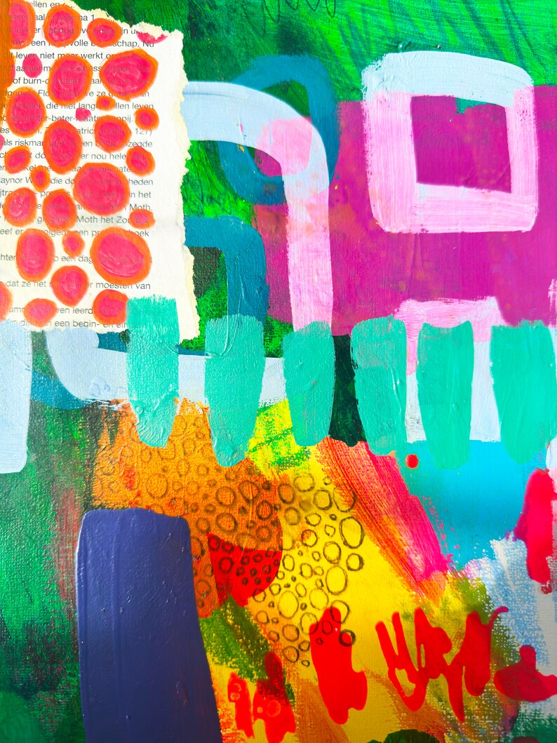 Puede incluir: Pintura abstracta con colores brillantes, incluyendo verde, azul, rosa, amarillo, naranja y rojo. La pintura presenta una variedad de formas y texturas, incluyendo c&iacute;rculos, cuadrados y l&iacute;neas.