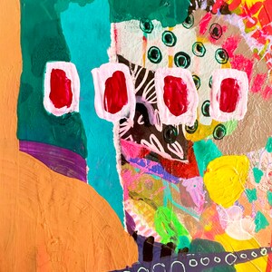 K&ouml;nnte beinhalten: Abstraktes Gem&auml;lde im Collage-Stil mit verschiedenen Formen und Farben, darunter Gr&uuml;n, Blau, Rosa, Rot, Gelb und Schwarz. Das Gem&auml;lde hat eine strukturierte Oberfl&auml;che und wirkt verspielt.