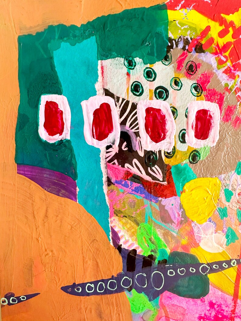 K&ouml;nnte beinhalten: Abstraktes Gem&auml;lde im Collage-Stil mit verschiedenen Formen und Farben, darunter Gr&uuml;n, Blau, Rosa, Rot, Gelb und Schwarz. Das Gem&auml;lde hat eine strukturierte Oberfl&auml;che und wirkt verspielt.