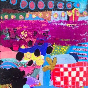 Pode incluir: Pintura abstrata em tela com um design colorido e divertido. A pintura apresenta uma variedade de formas, cores e texturas, incluindo c&iacute;rculos, quadrados, listras e bolinhas. As cores usadas na pintura s&atilde;o brilhantes e vibrantes, incluindo rosa, azul, amarelo, verde e preto.