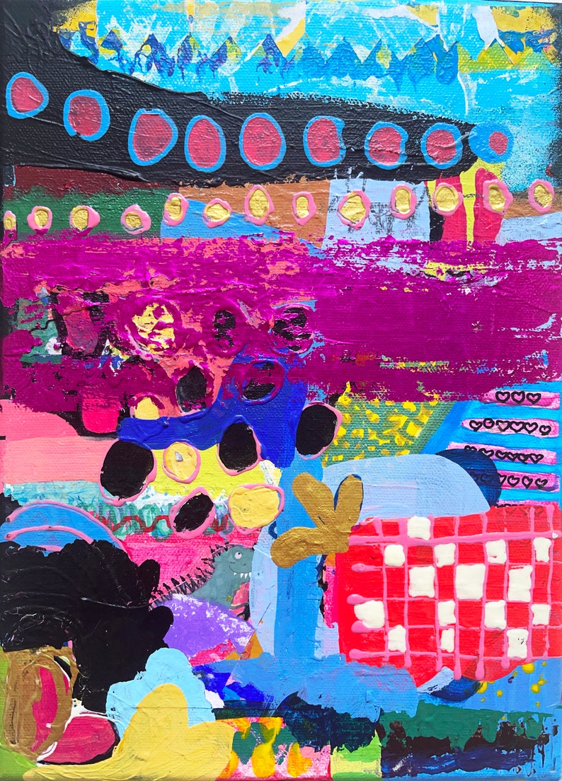 Pode incluir: Pintura abstrata em tela com um design colorido e divertido. A pintura apresenta uma variedade de formas, cores e texturas, incluindo c&iacute;rculos, quadrados, listras e bolinhas. As cores usadas na pintura s&atilde;o brilhantes e vibrantes, incluindo rosa, azul, amarelo, verde e preto.