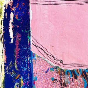 May include: Abstract mixed media artwork with a vibrant colour palette. The composition features a textured blue section, a pink area with black lines, and accents of red, yellow, and white. The artwork has a collage-like appearance.