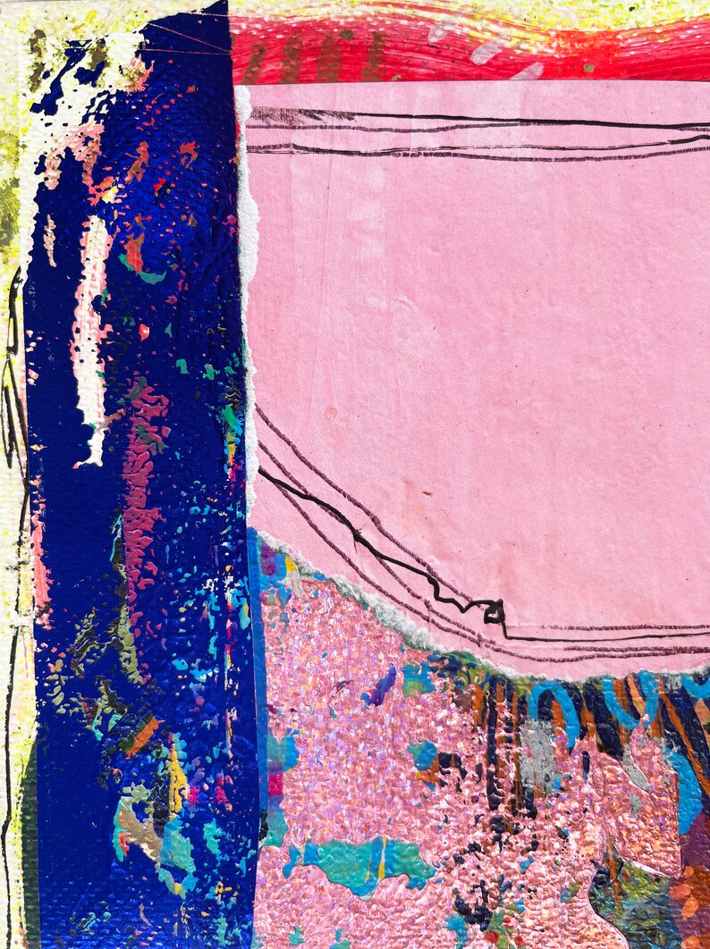 May include: Abstract mixed media artwork with a vibrant colour palette. The composition features a textured blue section, a pink area with black lines, and accents of red, yellow, and white. The artwork has a collage-like appearance.
