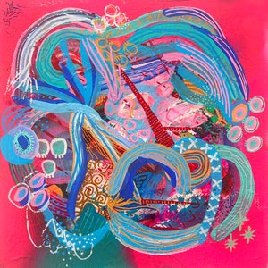 May include: Abstract painting with swirling lines and shapes in shades of blue, pink, and gold on a bright pink background.