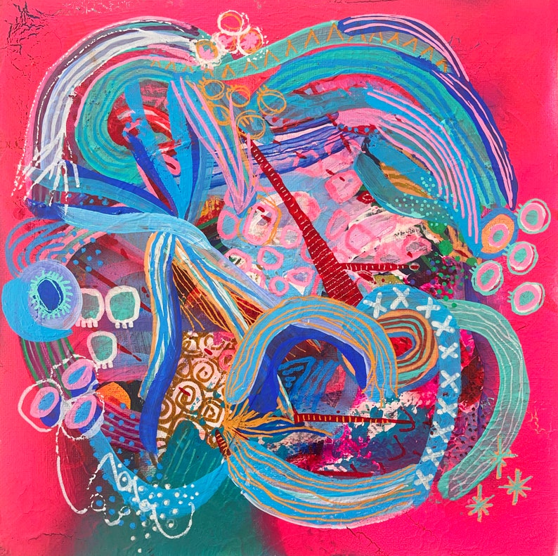 May include: Abstract painting with swirling lines and shapes in shades of blue, pink, and gold on a bright pink background.