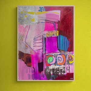 May include: Abstract painting featuring pink, red, blue and yellow colours. The painting incorporates geometric shapes and swirls. The artist's signature is in the bottom right corner.