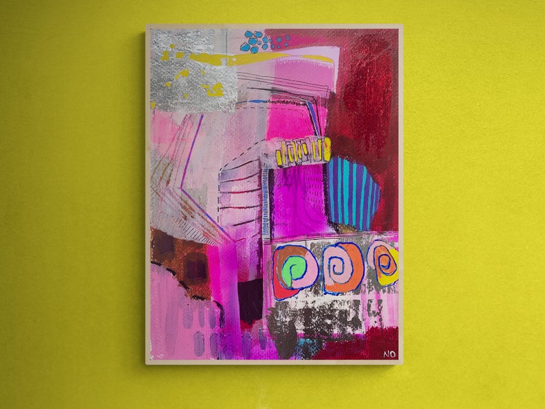 May include: Abstract painting featuring pink, red, blue and yellow colours. The painting incorporates geometric shapes and swirls. The artist's signature is in the bottom right corner.