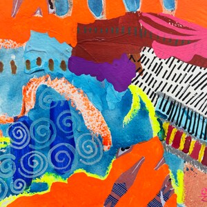 May include: Abstract art painting with a mix of bright colors, including orange, blue, purple, and yellow. The painting features a variety of shapes and textures, including circles, swirls, and stripes.