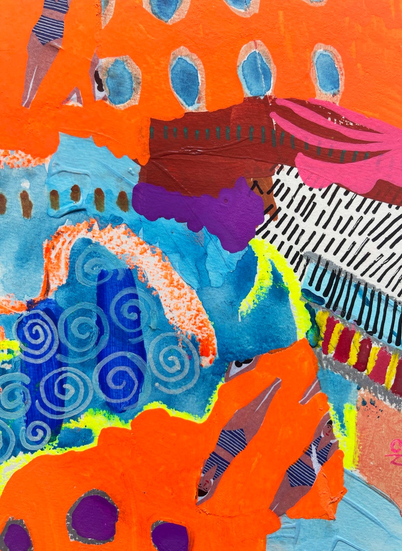 May include: Abstract art painting with a mix of bright colors, including orange, blue, purple, and yellow. The painting features a variety of shapes and textures, including circles, swirls, and stripes.