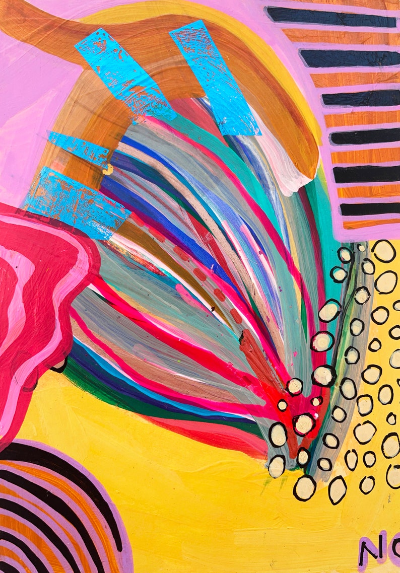 Puede incluir: Pintura abstracta con un dise&ntilde;o colorido y en capas. La pintura presenta una variedad de colores, incluyendo rosa, amarillo, azul, verde y rojo. La pintura est&aacute; realizada en un estilo que recuerda al expresionismo abstracto. La pintura est&aacute; firmada "No" en la esquina inferior derecha.