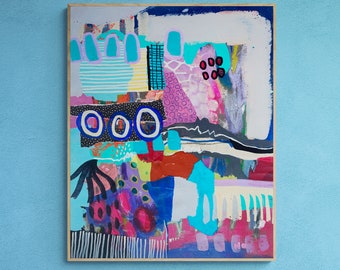 Puede incluir: Pintura abstracta con un diseño colorido y en capas. La pintura presenta una variedad de formas, líneas y texturas, incluyendo círculos, rayas y puntos. Los colores son brillantes y vibrantes, incluyendo azul, rosa, amarillo y verde.