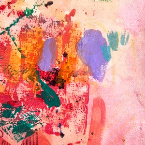 May include: Abstract painting with splashes of purple, orange, red, green, and black paint on a pink canvas.