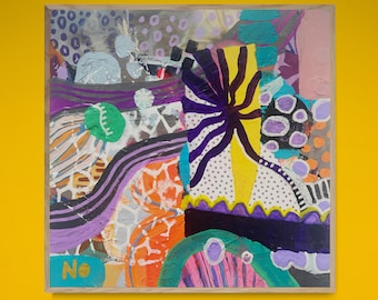 Mixed Media Collage, Modern Abstract Art, Expressionist Painting, Contemporary, Colorful Wall Art, Whimsical Art on Upcycled Canvas