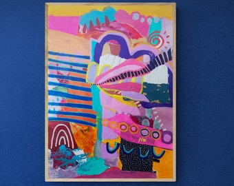 Op de afbeelding: Abstract schilderij op canvas met een kleurenschema van geel, roze, blauw, groen, paars en zwart. Het schilderij bevat een verscheidenheid aan vormen en patronen, waaronder strepen, cirkels en swirls.