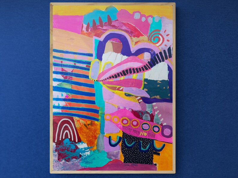 K&ouml;nnte beinhalten: Abstraktes Gem&auml;lde auf Leinwand mit einem Farbschema aus Gelb, Rosa, Blau, Gr&uuml;n, Lila und Schwarz. Das Gem&auml;lde zeigt eine Vielzahl von Formen und Mustern, darunter Streifen, Kreise und Wirbel.