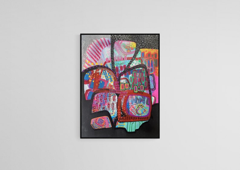 Peut inclure: Peinture abstraite sur fond noir avec des formes g&eacute;om&eacute;triques color&eacute;es. Les formes sont remplies de motifs et de textures vari&eacute;s, notamment des cercles, des rayures et des points. Les couleurs incluent le rouge, le bleu, le vert, le jaune et le rose.