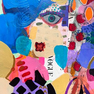 May include: Abstract painting with a colorful, layered style. The painting features a large blue shape, a single eye, and a red flower. The word "VOGUE" is visible in the lower right corner.