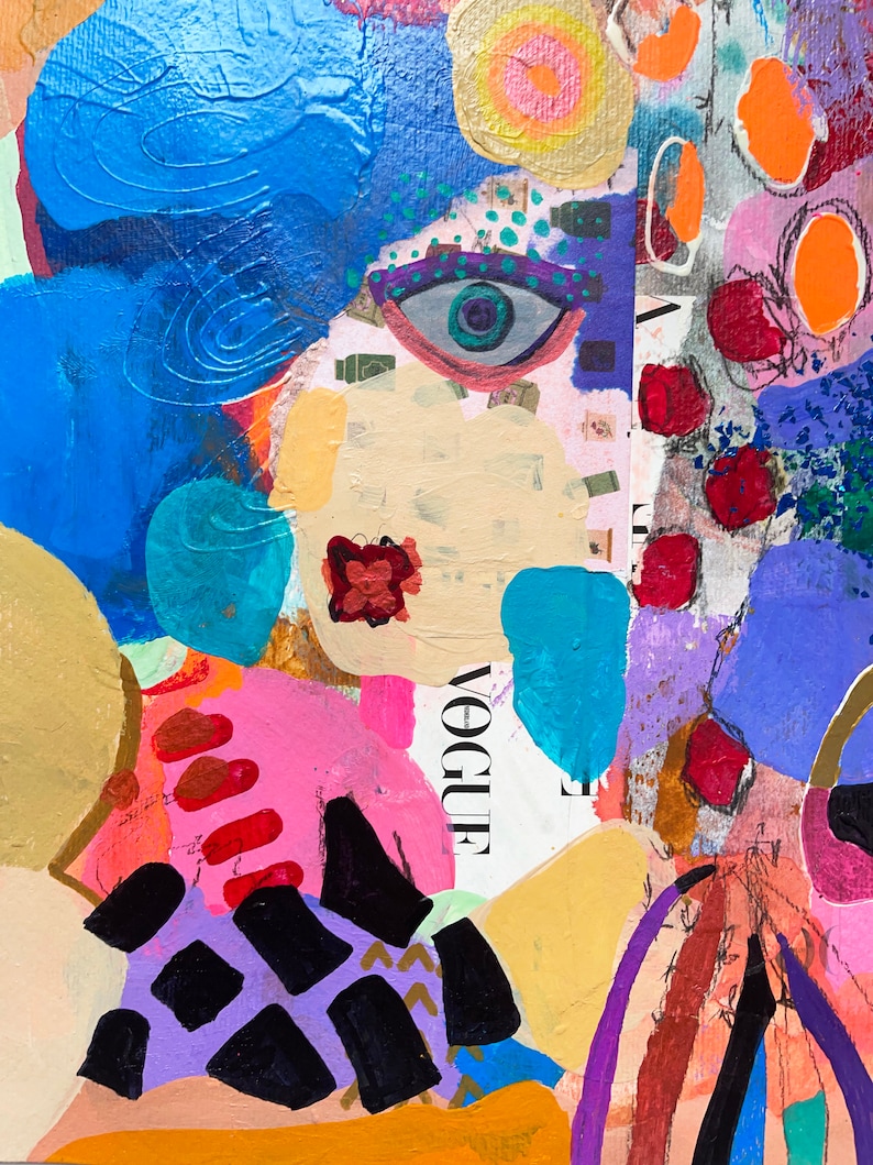 May include: Abstract painting with a colorful, layered style. The painting features a large blue shape, a single eye, and a red flower. The word "VOGUE" is visible in the lower right corner.