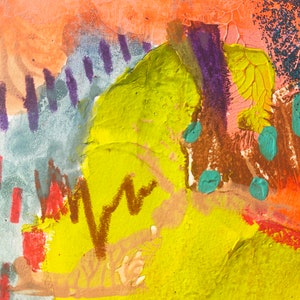 May include: Abstract painting with a bright yellow background, purple, brown, and teal accents. The painting has a textured surface and a variety of brushstrokes.