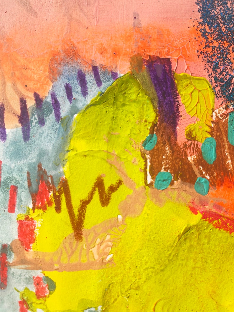 May include: Abstract painting with a bright yellow background, purple, brown, and teal accents. The painting has a textured surface and a variety of brushstrokes.