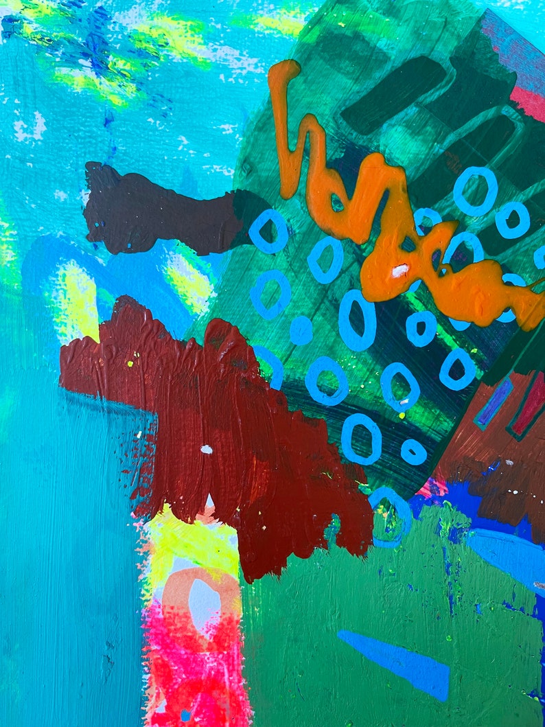 May include: Abstract painting with a mix of green, blue, orange, and brown paint. The painting features a variety of shapes and textures, including circles, swirls, and splatters.