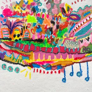 May include: A colourful abstract painting featuring a range of shapes and patterns. The painting is executed in a variety of colours, including pink, blue, green, yellow, and orange. The painting is set against a white background.