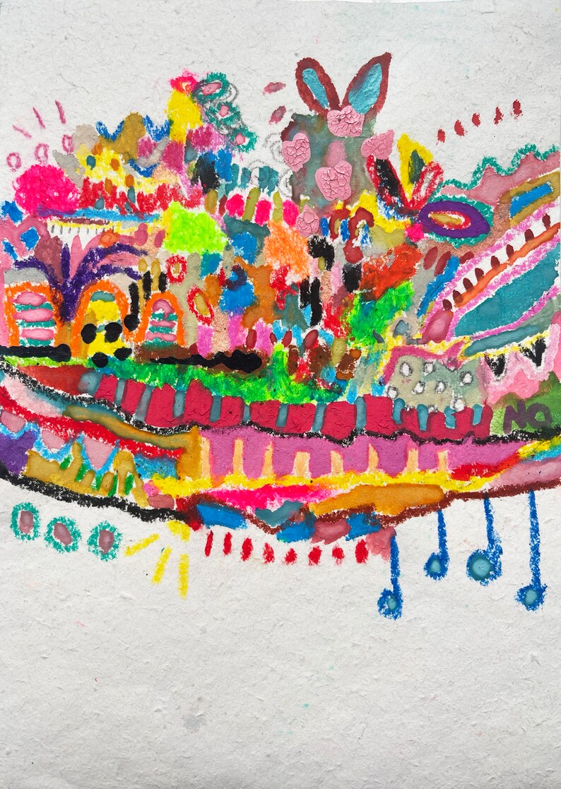 May include: A colourful abstract painting featuring a range of shapes and patterns. The painting is executed in a variety of colours, including pink, blue, green, yellow, and orange. The painting is set against a white background.