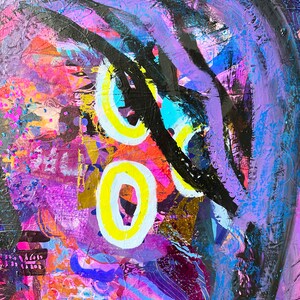 May include: Abstract painting with a vibrant mix of colours, including purple, pink, blue, yellow, and black. The painting features bold brushstrokes and a layered, textured effect.