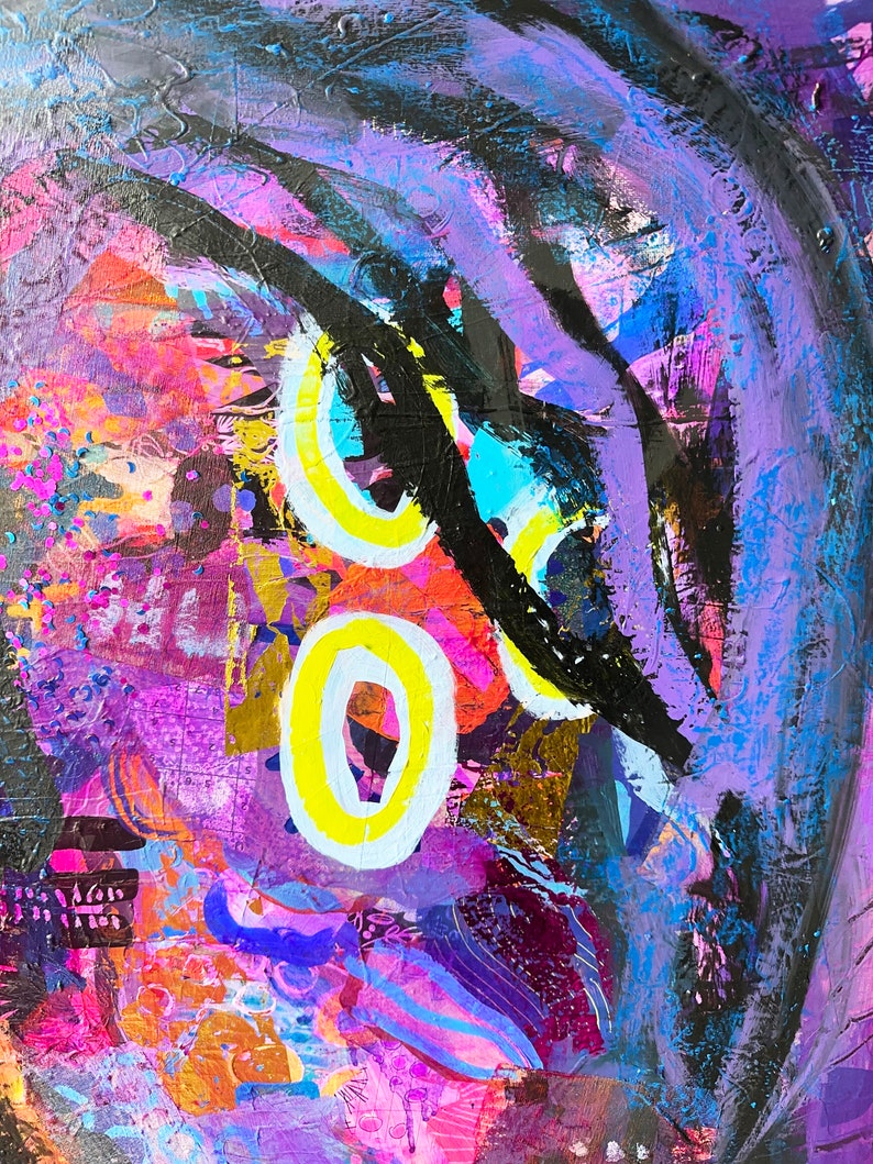 May include: Abstract painting with a vibrant mix of colours, including purple, pink, blue, yellow, and black. The painting features bold brushstrokes and a layered, textured effect.