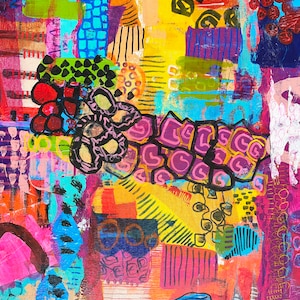 Modern Sprookje, Mixed Media Abstract on Wood, Vibrant Color Wall Art, Whimsical Abstraction, Original Painting, Doodling Art image 3