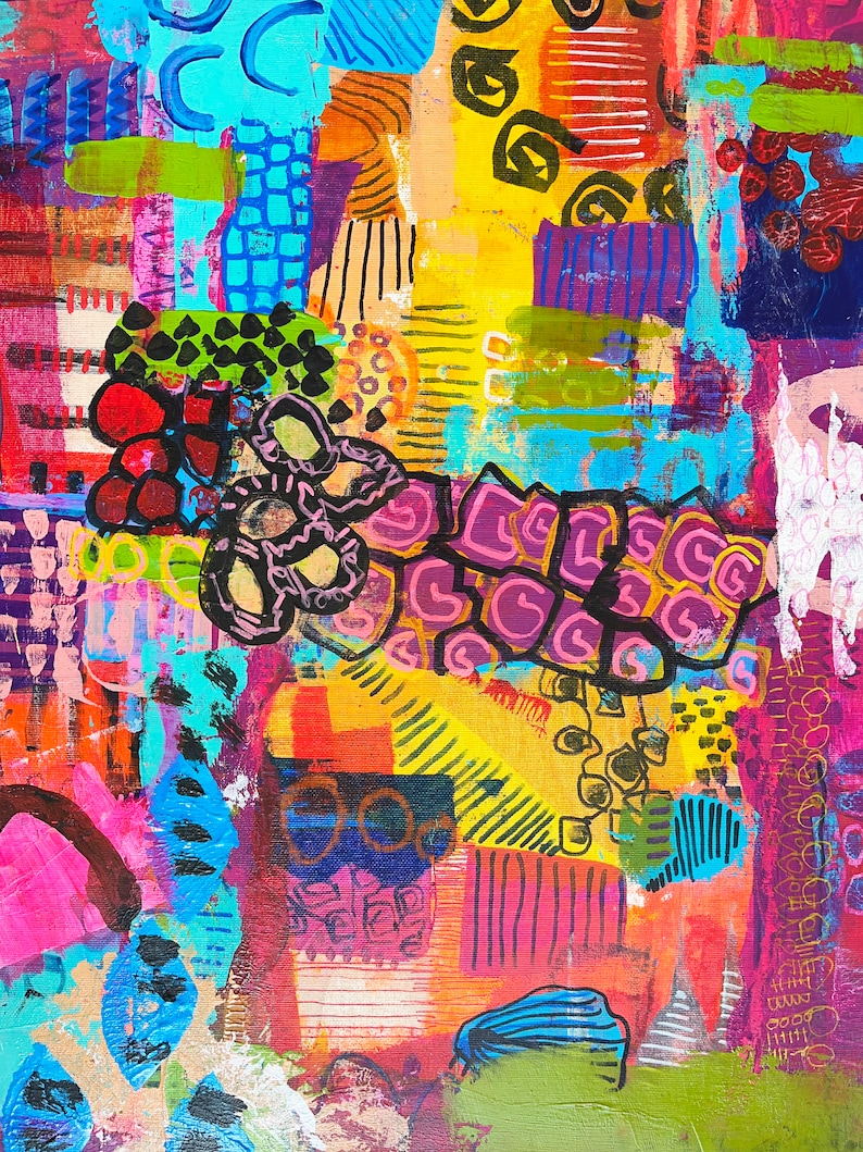 Modern Sprookje, Mixed Media Abstract on Wood, Vibrant Color Wall Art, Whimsical Abstraction, Original Painting, Doodling Art image 3