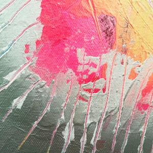 May include: Abstract painting with pink, yellow, and white paint on a textured canvas. The paint is applied in thick strokes, creating a dynamic and expressive effect.