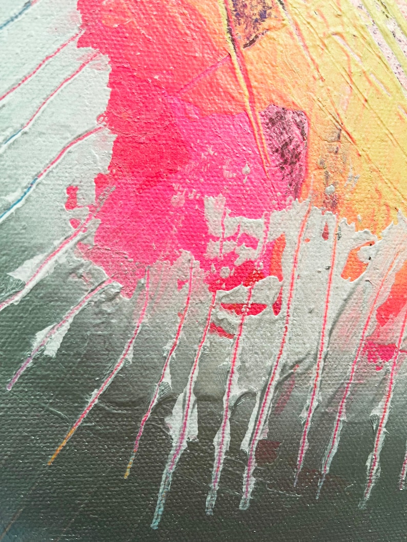 May include: Abstract painting with pink, yellow, and white paint on a textured canvas. The paint is applied in thick strokes, creating a dynamic and expressive effect.