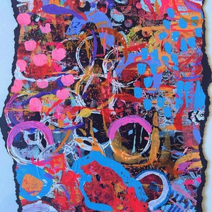 Original Torn Edges Black Surface Colorato Opera d'arte astratta, Junk Journal, Art Journal, Black Surface Art
