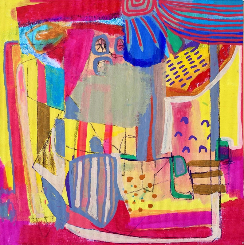 Op de afbeelding: Abstract schilderij met een kleurrijk, geometrisch ontwerp. Het schilderij bevat een mix van felle kleuren, waaronder roze, geel, blauw en groen. De vormen zijn eenvoudig en geometrisch en cre&euml;ren een speelse en dynamische compositie.