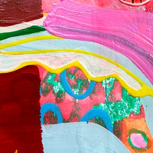 K&ouml;nnte beinhalten: Abstraktes Gem&auml;lde mit einem Farbschema aus Rot, Rosa, Blau, Gr&uuml;n, Gelb und Wei&szlig;. Das Gem&auml;lde zeigt eine Vielzahl von Formen und Texturen, darunter Kreise, Streifen und Wirbel. Das Wort "Nein" ist in gr&uuml;nen und gelben Buchstaben in der linken unteren Ecke des Gem&auml;ldes geschrieben.