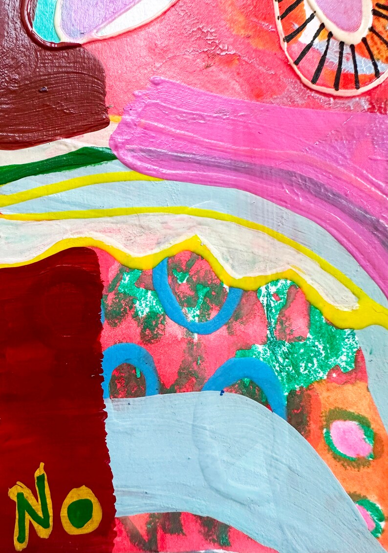 K&ouml;nnte beinhalten: Abstraktes Gem&auml;lde mit einem Farbschema aus Rot, Rosa, Blau, Gr&uuml;n, Gelb und Wei&szlig;. Das Gem&auml;lde zeigt eine Vielzahl von Formen und Texturen, darunter Kreise, Streifen und Wirbel. Das Wort "Nein" ist in gr&uuml;nen und gelben Buchstaben in der linken unteren Ecke des Gem&auml;ldes geschrieben.