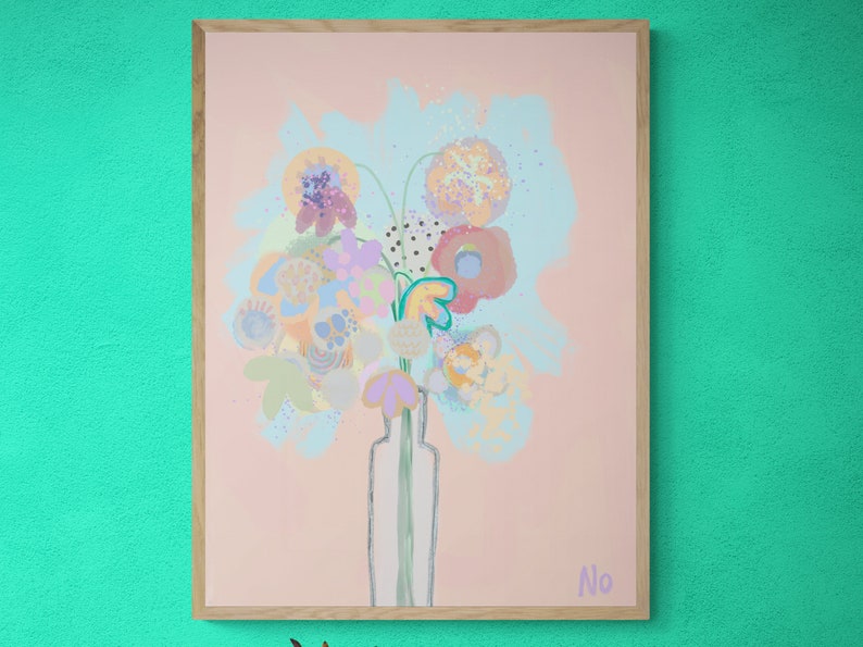 K&ouml;nnte beinhalten: Ein Gem&auml;lde mit einem Strau&szlig; bunter Blumen in einer durchsichtigen Glasvase. Die Blumen sind abstrakt und haben einen verspielten, modernen Stil. Der Hintergrund ist zartrosa.