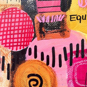 May include: Abstract painting with pink, red, orange, yellow, and black colors. The painting features geometric shapes, lines, and a spiral. The text "Equ" is visible in the upper right corner.