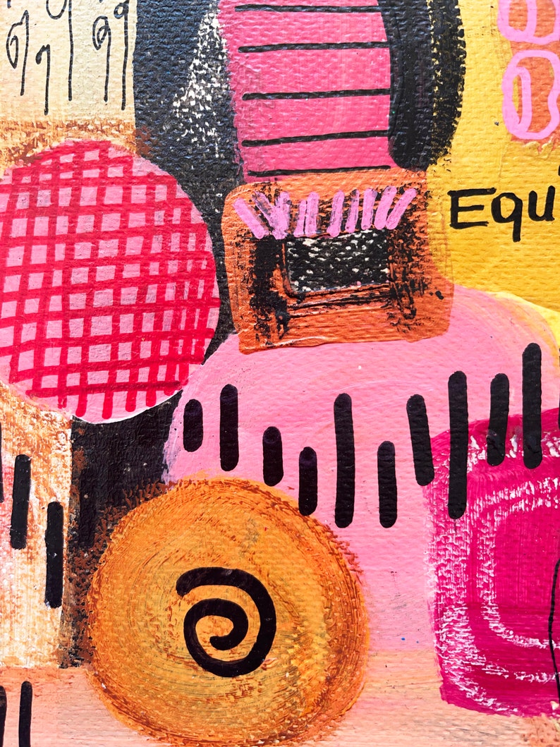 May include: Abstract painting with pink, red, orange, yellow, and black colors. The painting features geometric shapes, lines, and a spiral. The text "Equ" is visible in the upper right corner.