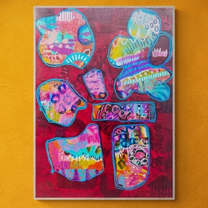 K&ouml;nnte beinhalten: Abstraktes Gem&auml;lde mit rotem Hintergrund und bunten Formen. Die Formen sind mit verschiedenen Mustern und Texturen gef&uuml;llt, darunter Punkte, Linien und Wirbel. Das Gem&auml;lde ist in einem Holzrahmen gerahmt.