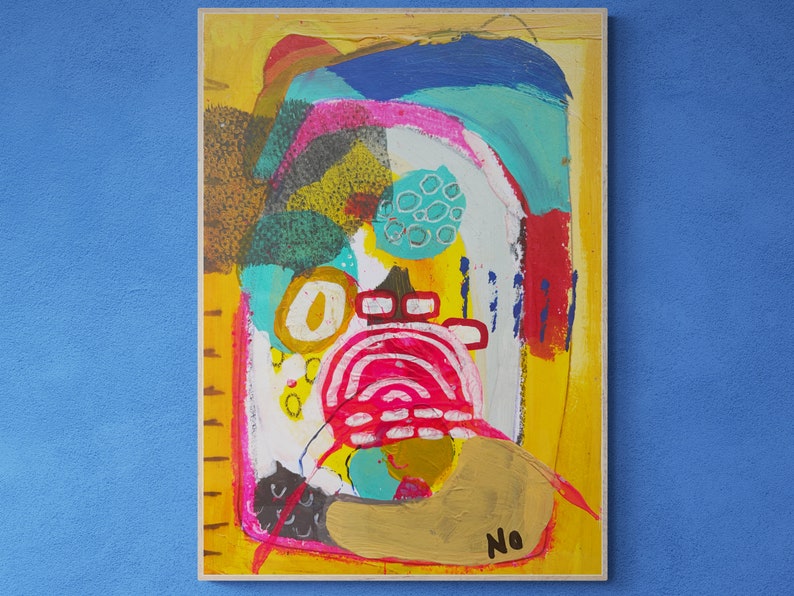 May include: Abstract painting on canvas with a yellow background, featuring a variety of shapes and colors, including pink, blue, green, and red. The painting has a whimsical and playful feel.