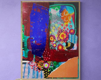 Könnte beinhalten: Abstraktes Gemälde im Collage-Stil. Das Gemälde zeigt eine Vielzahl von Farben, darunter Rot, Blau, Grün, Gelb, Orange und Schwarz. Das Gemälde ist in einem Holzrahmen gerahmt.
